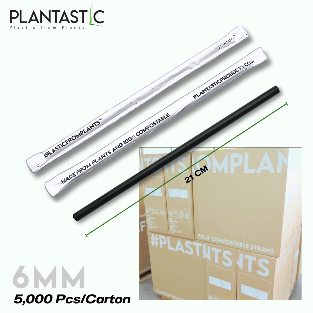 6x210mm Plain Straight Biodegradable and Compostable Straws in Paper Wrap with Print 5,000 Pcs/Carton